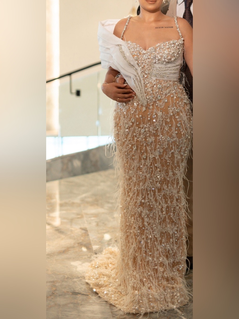 Pearl & Feather Embellished Nude Wedding Dress